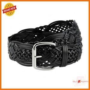 Hand-Woven Leather Belt 2" Wide with Silver Buckle for Dresses Pants